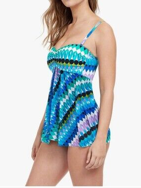 NWT GOTTEX PROFILE Blue Multi-Print Swimwear with Built-In Brief SZ 14